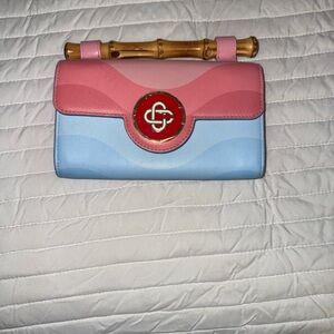 Elegant Pink and Blue Clutch with Bamboo Handle